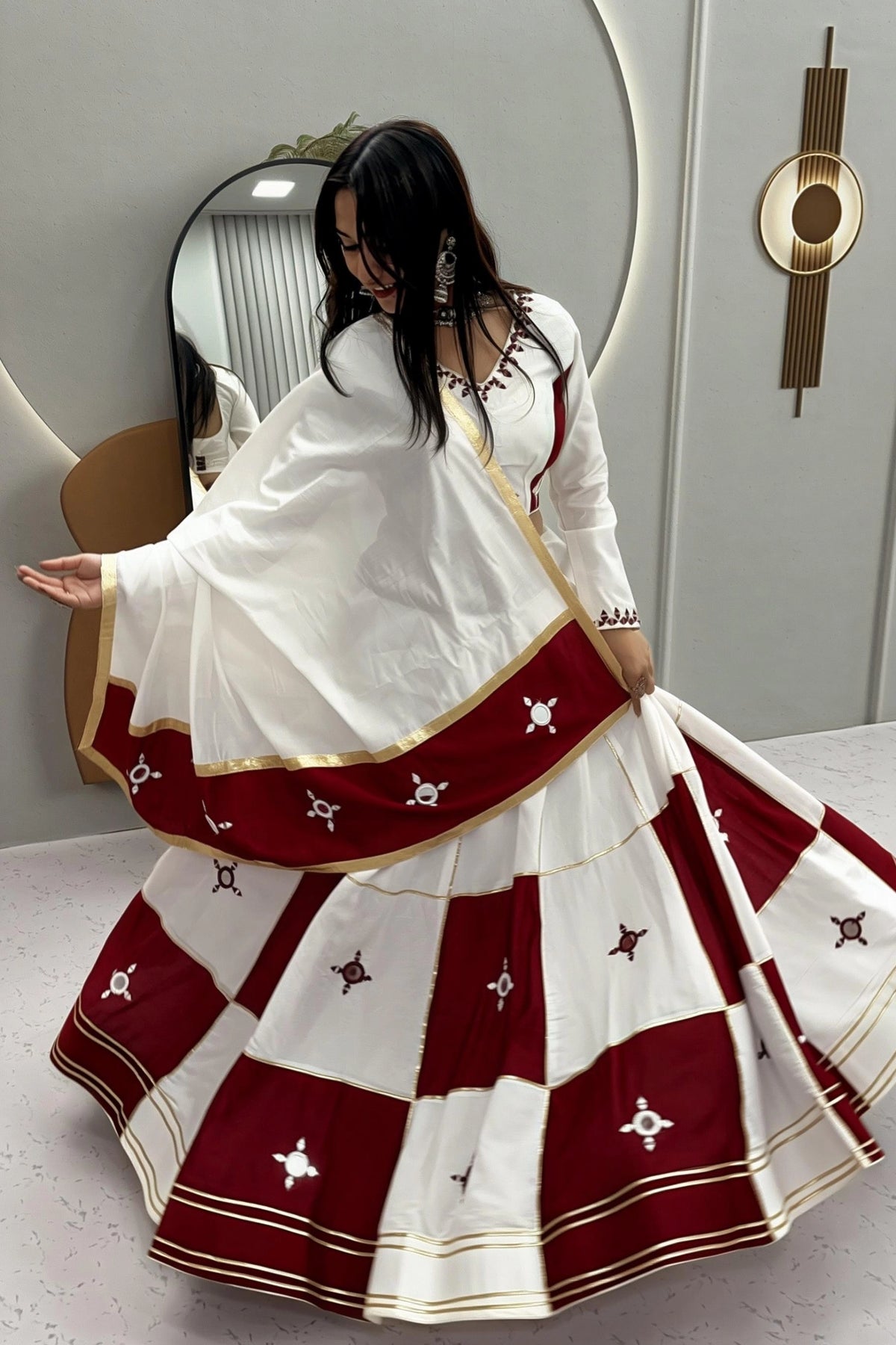 Ivory & Wine Panelled Lehenga Choli Set