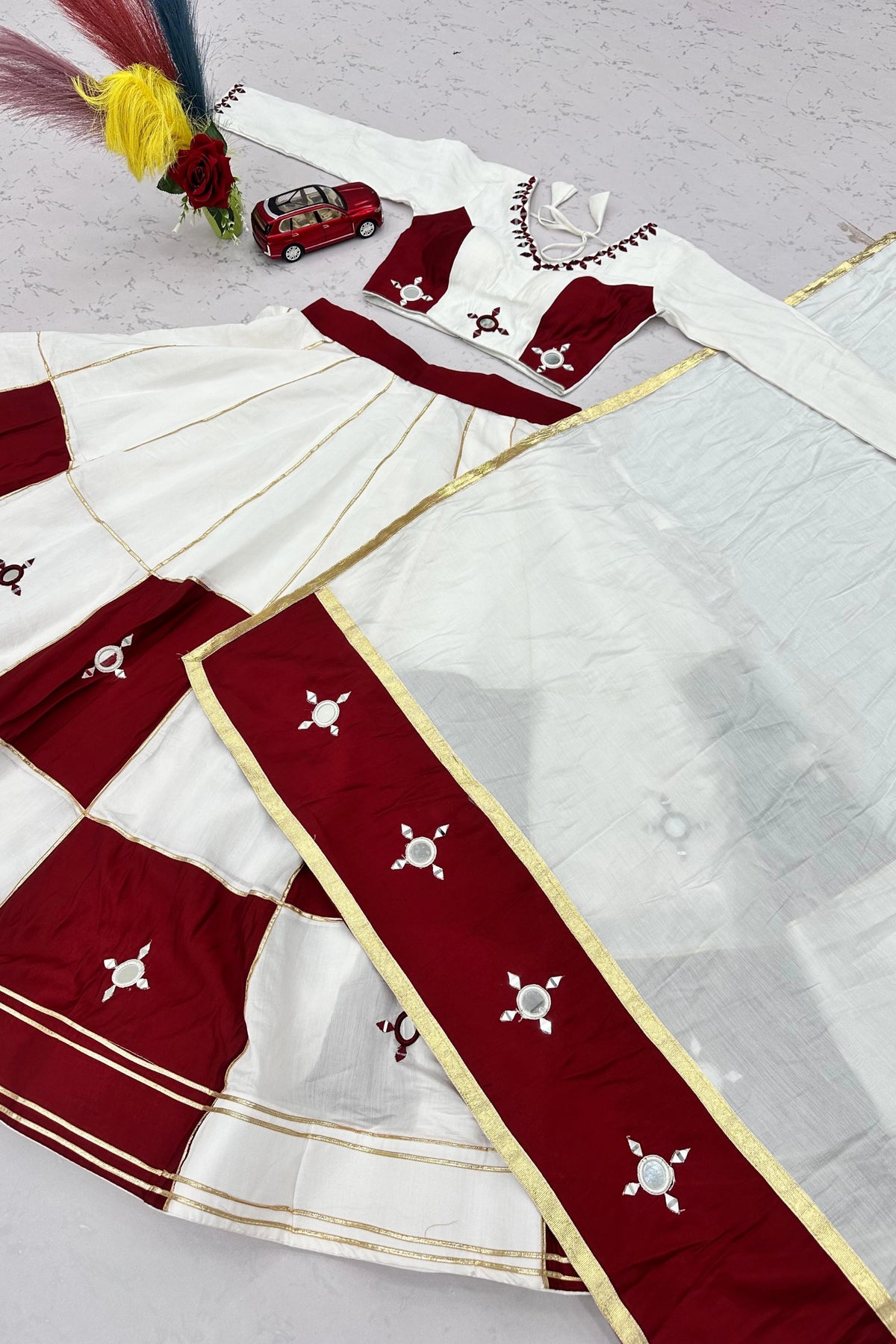 Ivory & Wine Panelled Lehenga Choli Set