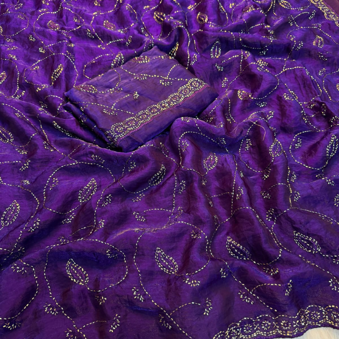 Shimmer Organza Saree with Floral Vine Embroidery