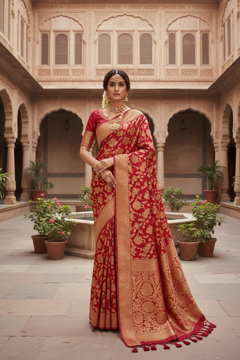 Indian woman wearing a red and gold Banarasi silk saree in a haveli courtyard