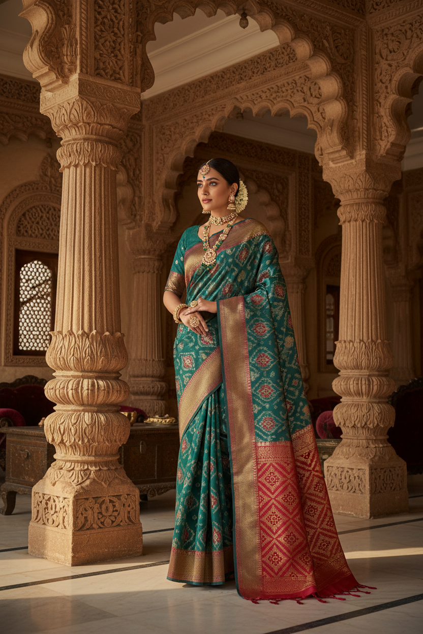 Indian woman wearing a teal and red Patola silk saree in a Gujarati palace interior
