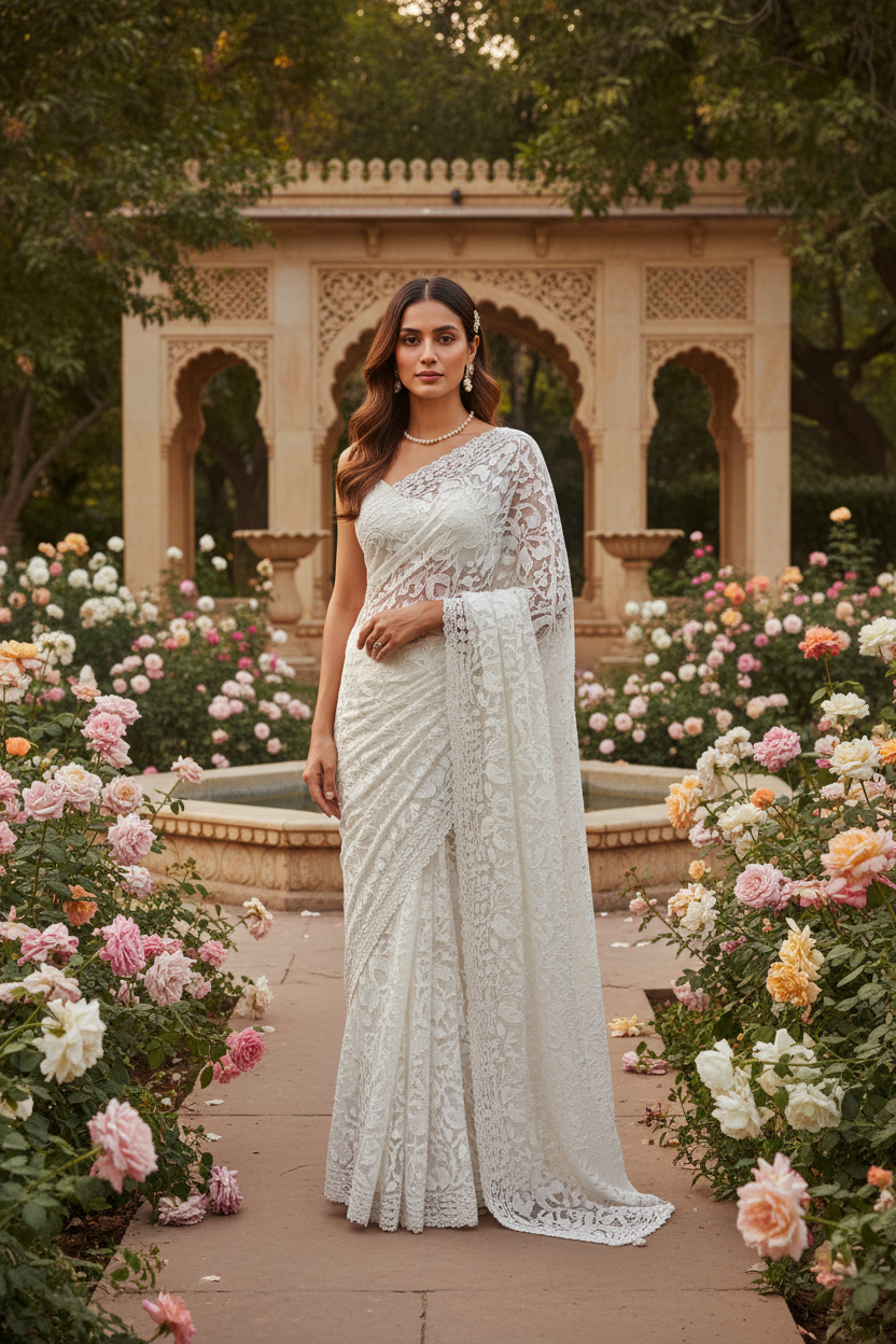 Indian woman wearing a white Chikankari embroidered georgette saree in a Lucknow heritage garden