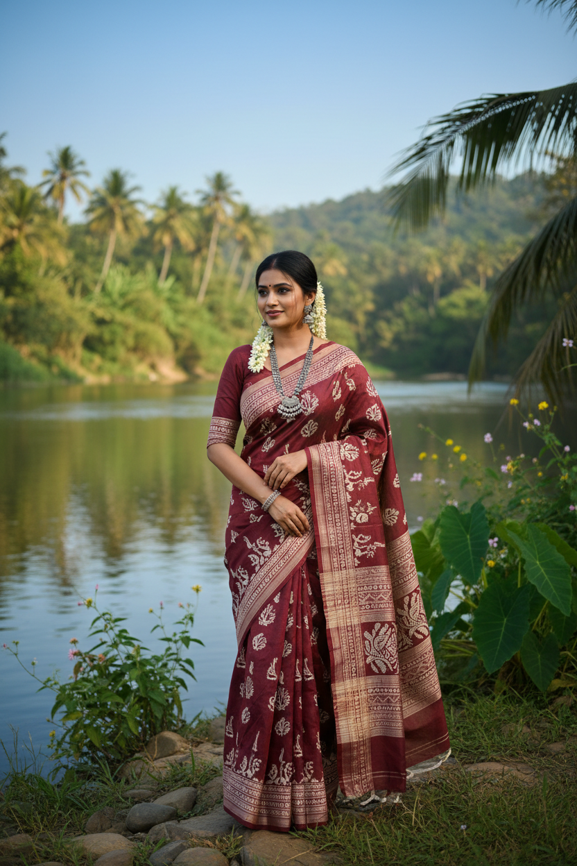 Indian woman wearing a maroon and white Sambalpuri saree near a river bank in Odisha