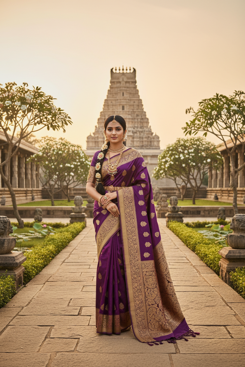 Indian woman wearing a deep purple and gold Kanjivaram silk saree in a temple garden