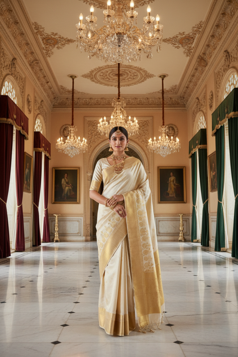Indian woman wearing an ivory and gold Mysore silk saree in a royal palace room