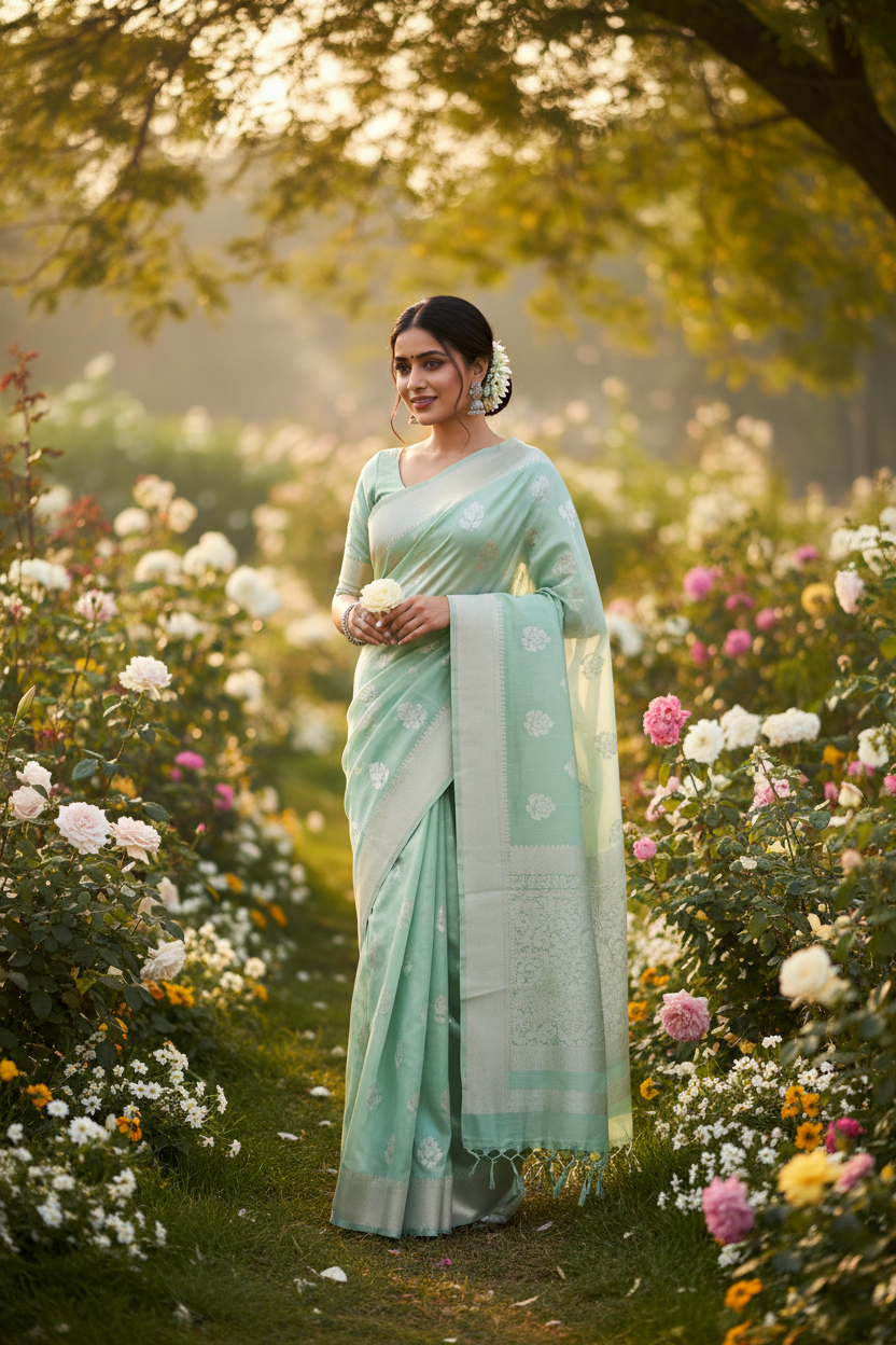 Indian woman wearing a mint green Chanderi cotton saree in a blooming garden