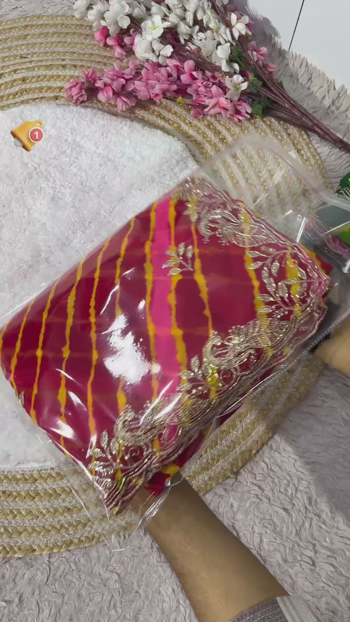 Leheriya Organza Saree with Hand-Embroidered Silver Border