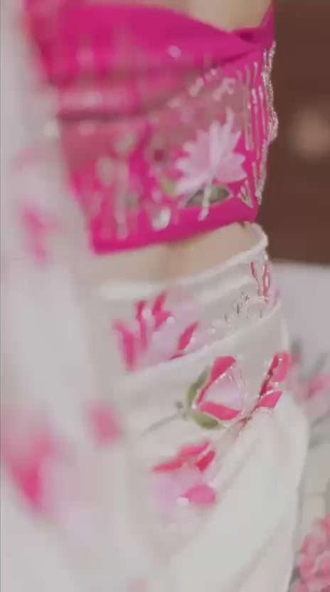 Baby Pink Organza Saree with Rani Pink Floral Scalloped Border
